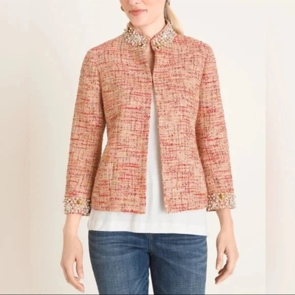 Chico's Multicolor Tweed Pearl Sequin Embellished‎ Jacket blazer lined Sz 2